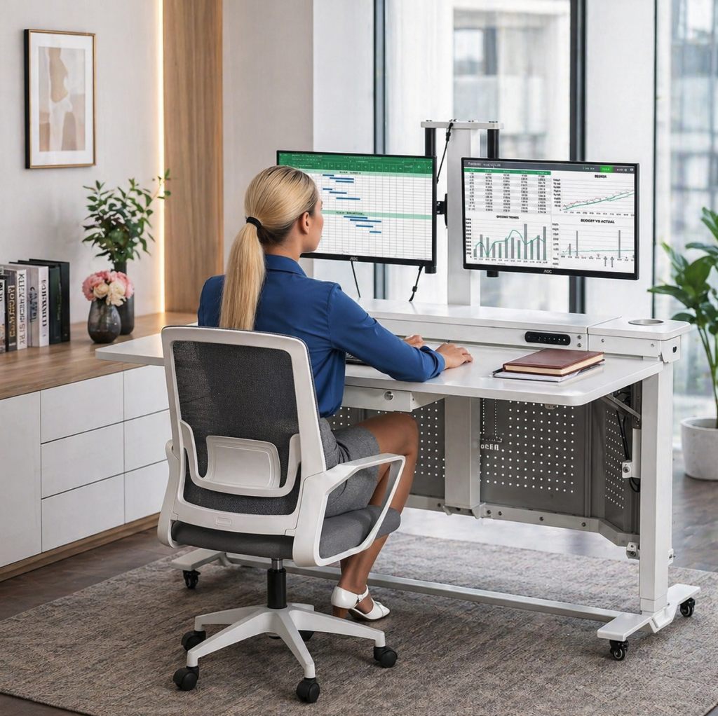 Mitarbeiter mit Rückenschmerzen durch langes Sitzen an einem nicht ergonomischen Arbeitsplatz.