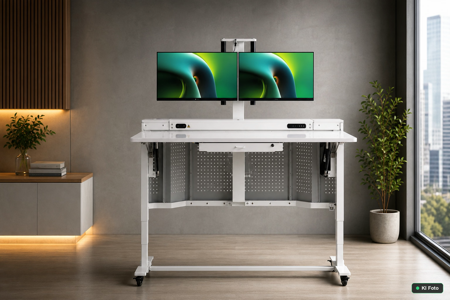 FlexiSmart Pro im Stehmodus mit Dual-Monitor-Arbeitsplatz
